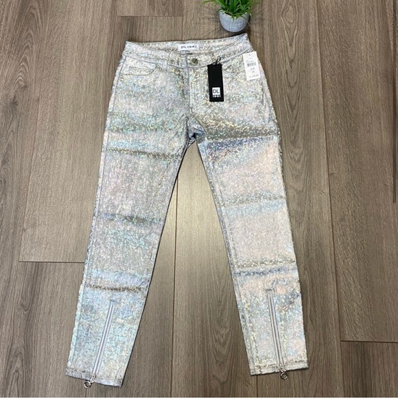 DL1961 NWT Florence Crop Mid Rise Skinny Holographic Pants COOL SPARKLY PANTS - Picture 1 of 7